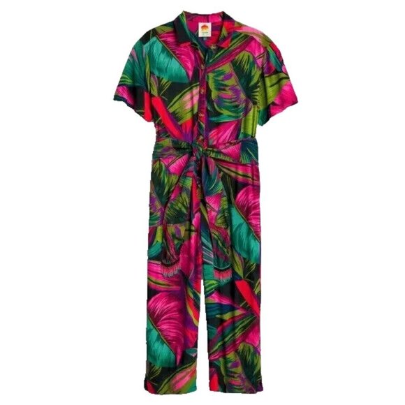 NWT Farm Rio Midnight Leaves Jumper Tropical Print Soft Fluid Belted Jumpsuit S